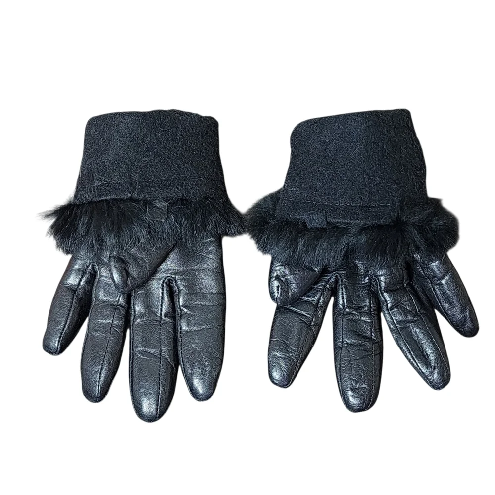 Gloves black leather with faux fur cuff trim soft elegant